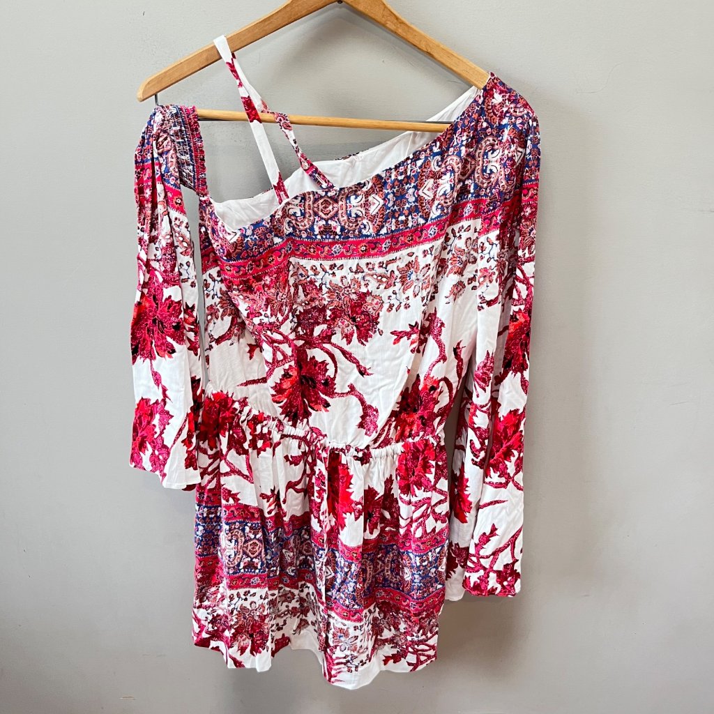 Free People Nomad Boho Off-Shoulder Mini Dress Red & White Floral Print Size S